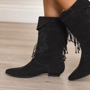 Vintage Caparros Suede Beaded Fringe Mid Boots Womens 7 Pointed Toe Festival
